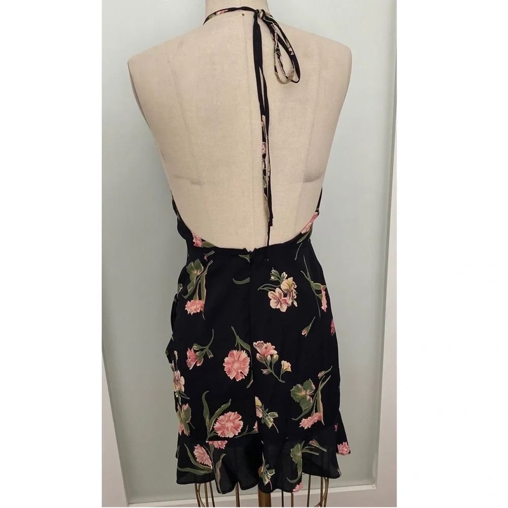 Flynn Skye black poppy floral halter mini dress ruffle hem size small - Picture 2 of 4